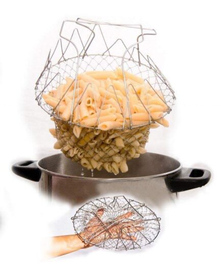 STAINLESS STEEL MULTI-FUNCTIONAL FOLDABLE COOKING Chef Basket Deluxe Kitchen Colander, MESH STEAM RINSE STRAIN FRY BASKET DEEP FRYER