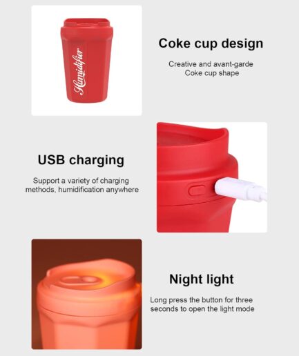 Coke Cup Humidifier Car Home USB Aroma Diffuser Summer Flame Air Coke Cup Cool Mist Bedroom Study Room Mini Humidifier  (random color)