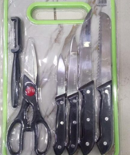 6 in 1 Stainless Steel Knives Set? For meat, bread, fruits, and vegetables | Kitchen Knife Set with Scissors, Peeler & Cutting Board ? All-in-One Cooking Essentials with Ergonomic Handles & Sharp Stainless Steel Blades